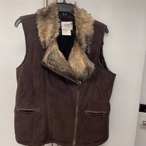 Live a Little Brown Suede w Faux Fur Collar Warm Vest XL NWOT